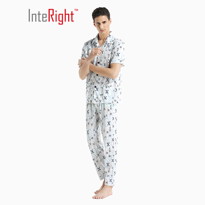 

INTERIGHT home service mens mens cotton print cool short-sleeved home service suit rice white coffee letter printing AM