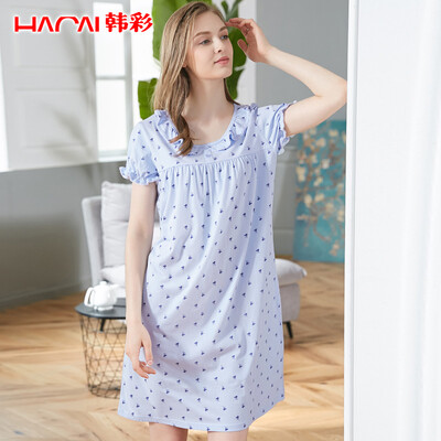 

Han Cai HACAI pajamas women summer autumn cotton solid color printing short-sleeved skirt skirts nightdress large size loose home clothes light orange powder 16590 L