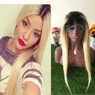 

Бразильский 1B 613 Blonde Ombre Wig Темные корни Кружевные передние парики Black / BlondeTwo Tone Hair Полный парик кружева для женщин
