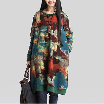 

2018 Fashion Autumn Winter Plus Size Loose Dresses Plus Size Cotton Vintage Long Sleeve Dress Long Sleeve Casual for Girls Floral Print Bts Moletom Feminino