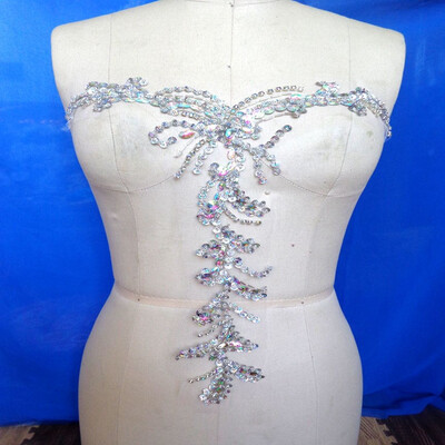 

Handmade clear AB colour crystal patches sew on trim Rhinestones applique with stones sequins beads 4010cm for dress
