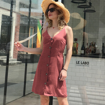 

Try Everything Cotton Summer Dress Women 2018 V Neck Button Casual Dress For Women Backless Summer Dresses Strapless dress