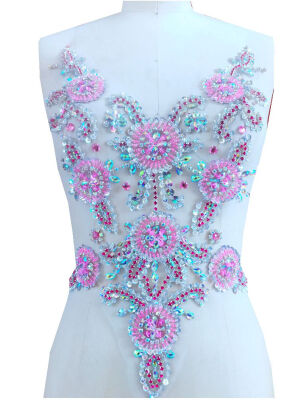 

Handmade pinkclear AB colour sew on Rhinestones applique on mesh crystal patches with stones sequins beads 4535cm