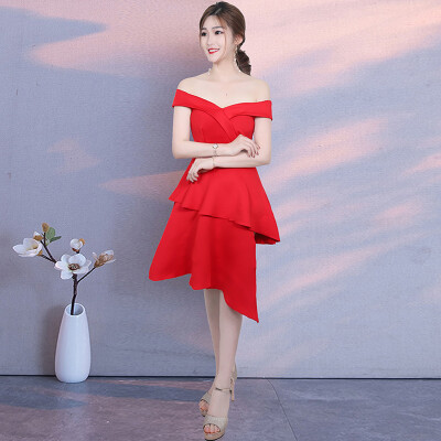 

Evening dress new winter short paragraph banquet dress female fashion word short shoulder long after the annual party dress