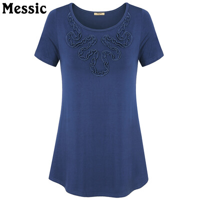 

Vintage Appliques Flower Female T-shirt Short Sleeve O-Neck Women Casual Solid Tee Curved Hem Femme Casual Tops Plus Size