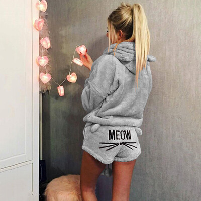 

Womens Solid Color Cute Cat Pajama Suit