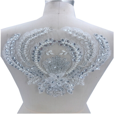

Pure hand made sew on lace applique with peal rhinestones patches 2725cm for wedding dress accessory