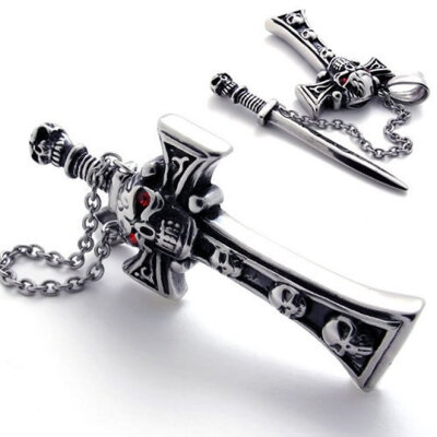 

Hpolw Stainless Steel Silver SkullSkaeleton Sword Mens Cross Pendant Red Stone Necklace with 18-28 inch Chain