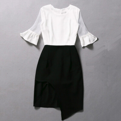 

Necini Black and white stitching horn sleeve OL dress with short sleeves