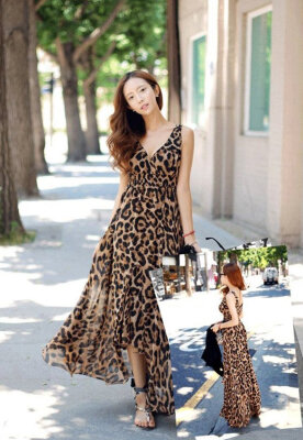 

Women Vintage V-neck Sexy Leopard Chiffon Long Maxi Evening Cocktail Party Dress