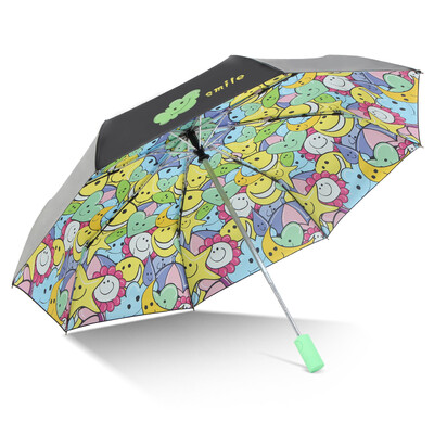 

Paradise umbrella parasol black plastic sunscreen small black umbrella automatic sun umbrella fashion portable three folding umbrella happy smile face 4 green