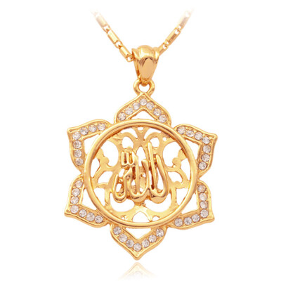 

New Trendy Islamic Jewelry 18K Real Gold Plated Rhinestone Crystal Vintage Design Allah Necklaces & Pendants For Women U7