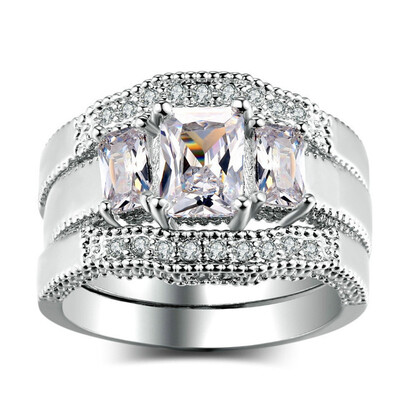 

New Fashion Square Cut Cubic Zirconia White Gold Plated 3 Pieces Ring Sets Luxury Engagement Rings for Women R645