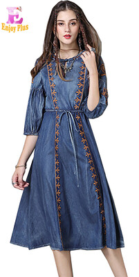 

M L chest 92-100cm vintage cotton summer 2018 denim jeans long dress women half sleeve embroidery mid calf