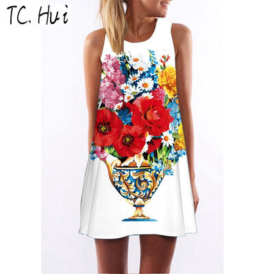 

3D Women Brief Dress Print Floral Sleeveless Summer Dress Casual Loose Off-Shoulder Mini Short 3D Beach Dresses