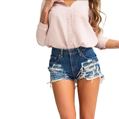 

2018 Sexy Back Zipper Denim Shorts Distressed Ripped Blue Shorts Jeans Feminino Plus Size