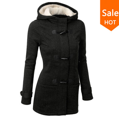 

Autumn Hooded Horn Button Coat Women Winter Parkas Sport Grey Outwear 2015 New Fashion Long Women Overcoat -XL