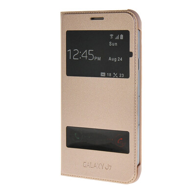 

MOONCASE тонкий кожаный флип сторона Кронштейн Окно чехол для Samsung Galaxy J7 Золото