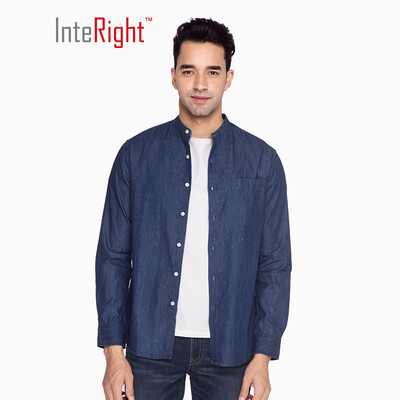 

INTERIGHT casual shirt male oxford stand collar denim long sleeve shirt dark blue M