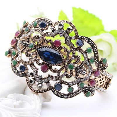 

Vintage Turkish Women Resin Hollow Flower Bangle Bracelet Rhinestone Cuff Jewelry Ethnic Cryst Bangle Wedding Pulseiras Feminino