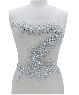

Pure hand made silver white sew on Rhinestones applique on mesh crystals patches trimming 3634cm for wedding dress accessory