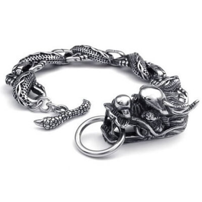 

Hpolw Vintage fashion silver&black Stainless Steel Gothic Dragon head Tribe Mens white crystal Bracelet