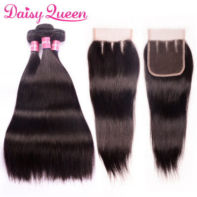 

3 Bundles Brazilian Virgin Hair Straight With Closure Three Part Grade 8A Unprocessed Virgin Human Hair Bundles With Lace Closure