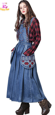 

M L High Quality waist 74-82cm vintage cotton autumn 2017 long jeans dress women sleeveless blue denim maxi embroidery casual