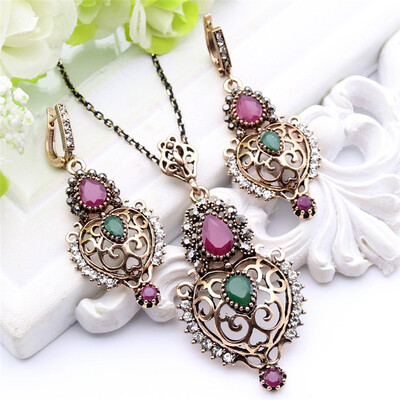 

Ethnic Resin Hollow Flower Jewelry Sets Long Earrings Necklace Set Turkish Antique Gold Color Bijoux Arab Bride Resin Jewelry