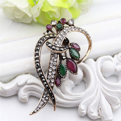 

Vintage Banquet Brooch Women Turkish Jewelry Antique Gold Color Multicolor Resin Flower Brooches Broches Ladies Hijab Scarf Pin