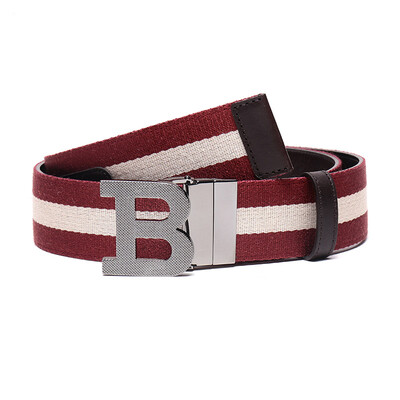 

BALLY Bally Mens Red Beige Striped Fabric with Leather Plate Buckle Double-Sided Belt Belt B BUCKLE 40 M TT 2 115cm