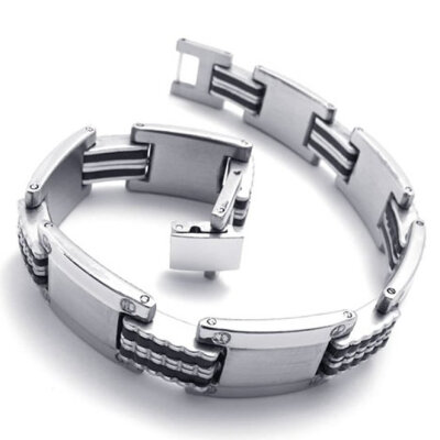 

Hpolw Mens black&silver Stainless Steel Polished Rubber Bolt buttoned Bracelet