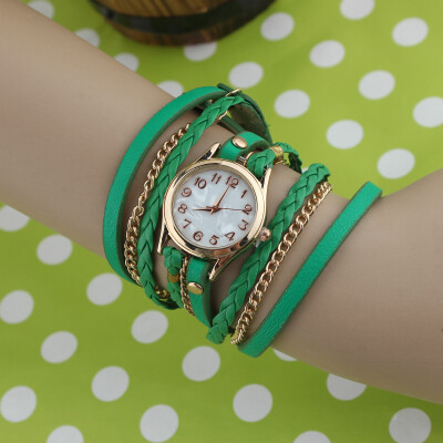 

Women's Charm Chic Candy Vintage Weave Wrap Rivet Leather Bracelet Wrist Watch GREEN