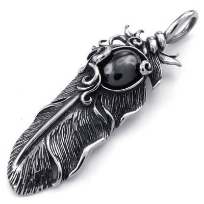 

Hpolw Mens&Womens New Vintage Stainless Steel Casting Black Feather Pendant Black Crystal Necklace