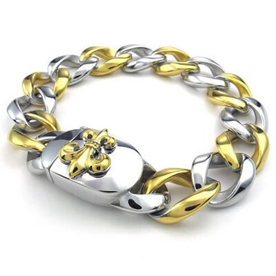 

Hpolw Mens silver&gold Stainless Steel Spring buckle Bracelet&Biker Wide Heavy Fleur De Lis pattern hollow Bracelet