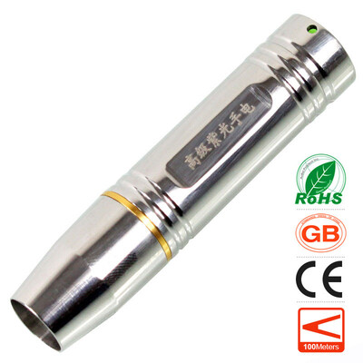 

UV LED Flashlight Stainless Steel Purple Light 18650 Rechargeable Fluorescent Agent Detection Jewelry Jade Gem Testing