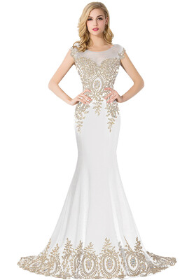 

Lace Applique Mermaid Prom Dresses Capped Sleeves Sheer Long Evening Dresses