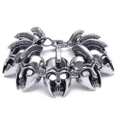 

Hpolw Heavy ssilver&black Stainless Steel Gothic Knight Skull&skeleton head Biker Mens Lobster Clasps BraceletBangle