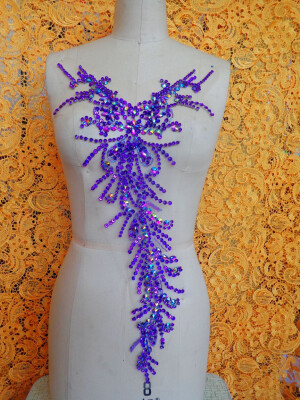 

Pure hand made sew on Rhinestones purple applique crystals patches 5828cm dress accessory