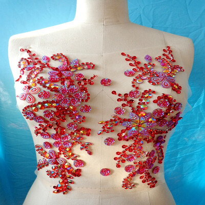 

Handmade crystal patches red sew on Rhinestones applique with stones sequins beads 3127cm for dress