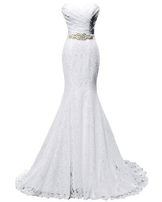 

Womens Lace Wedding Dress Mermaid Evening Dress Bridal Gown with Sash