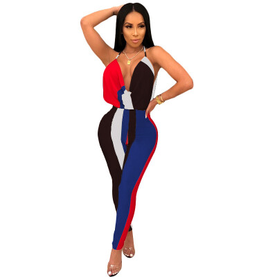 

2018 High Street Low-cut Stripe Jumpsuit Romper Women Sexy Backless Mid-waist Playsuit Body Female Fashion Summer Beach Overalls