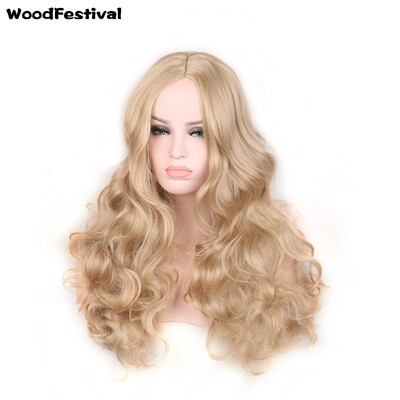 

WoodFestival womens wavy synthetic wigs hair heat resistant platinum long blonde wig cosplay