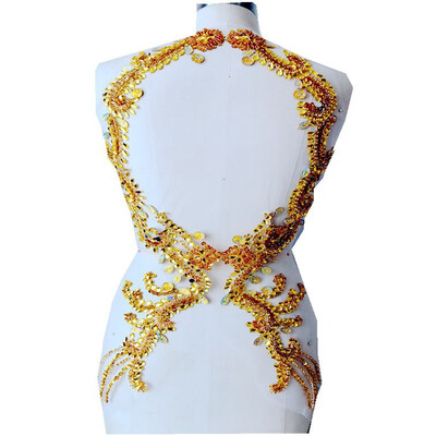 

ручная золотая шитье на Rhinestones applique на сетчатых хрустальных пластырях отделка 69 * 17cmX2 для платья назад