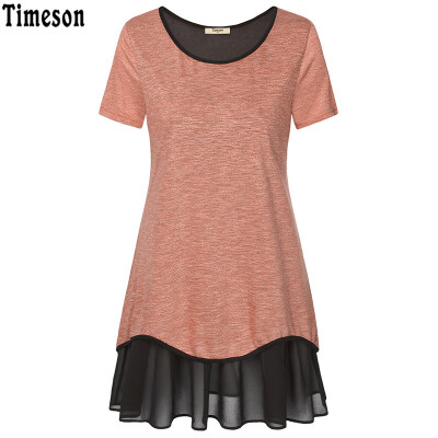 

Timeson New Summer Style Short Sleeve Women Long Tunic Tops Patchwork Chiffon Irregular Hem T-shirt Plus Size XXXL T-shirt Top