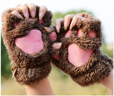 

Ladies Winter Fingerless GlovesFluffy Bear Cat Plush Paw Claw Half Finger GloveHalf Cover Women Female Gloves Mitten