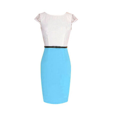 

New Womens Style Lace Splicing Cap Sleeve Ladies OL Party Evening Dress With Belt