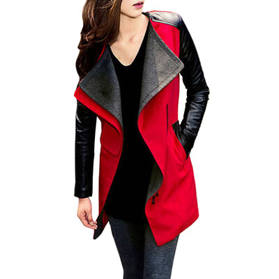 

CT&HF Fashion Autumn Winter Coat Women Long Sleeves PU and Woolen Outerwear