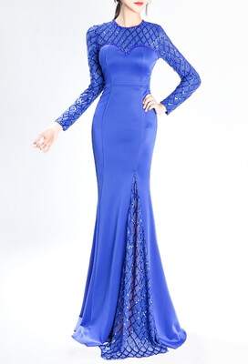 

Handmade beaded Sequins Illusion Round Neck Long sleeve Prom Dresses