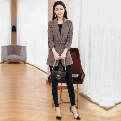 

Li Xia Le 2018 New Women&39s Spring Small Suit Korean Fashion Long Leisure Slim Thousand Plaid Woolen Suit Jacket FFSSMD2007 Khaki Lattice M